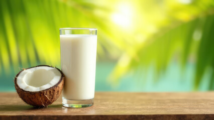 Coconut milk in a glass next to a halved coconut on a wooden table with tropical leaves in the background. Concept of: Tropical refreshment.