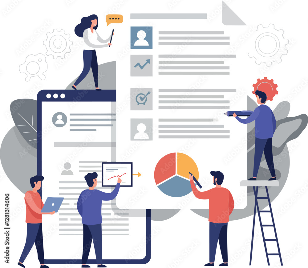 Poster collaborative team of diverse individuals analyzing data on digital devices in flat vector illustrat