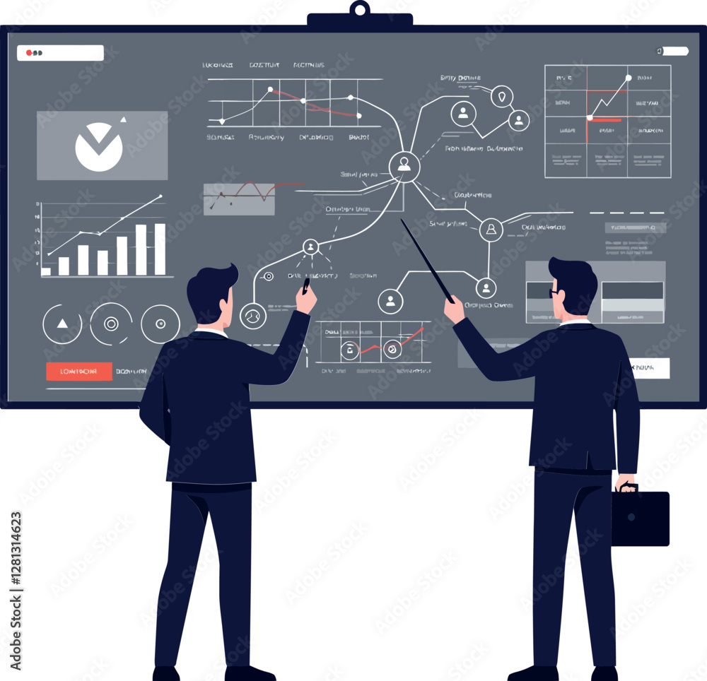 Poster two business professionals analyzing data on a large screen in a flat vector illustration, showcasin
