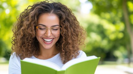 Fototapeta premium A young person with curly brown hair and glasses reads a book outdoors. The book is green, and the background is also green. The lighting is natural