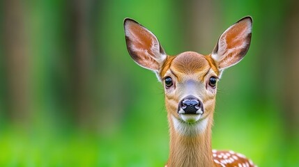 Close up view of a young deer with large ears, light brown and white spotted fur, standing in a lush green field. The background is softly focused