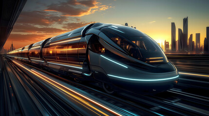 Modern high-speed train rushes forward.