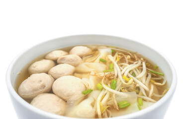Bowl of Thai noodles with meat and herbs isolated transparent background
