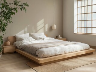 A modern bedroom featuring a platform bed with comfortable bedding and decor