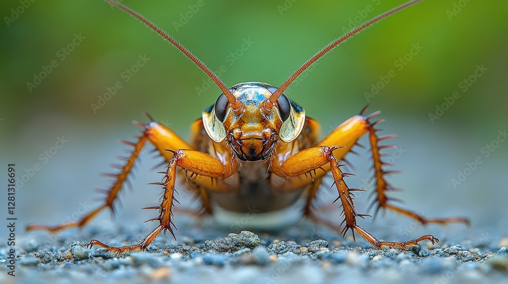 Poster close-up view of a cockroach on a textured surface, showcasing its intricate features and colors