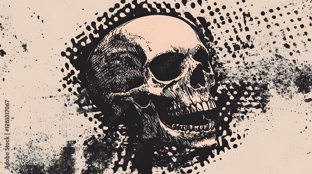 Poster grungy skull with monochrome texture and dark, ominous atmosphere
