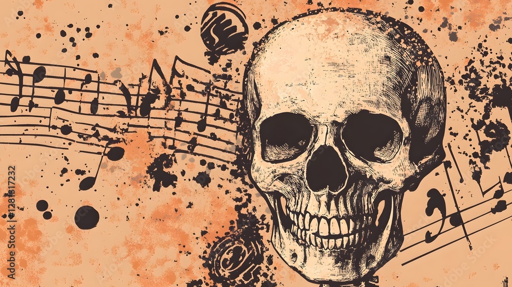 Poster Grungy Skull with Musical Notes and Grunge Textures Ominous Dark Gothic Rock and Roll Background