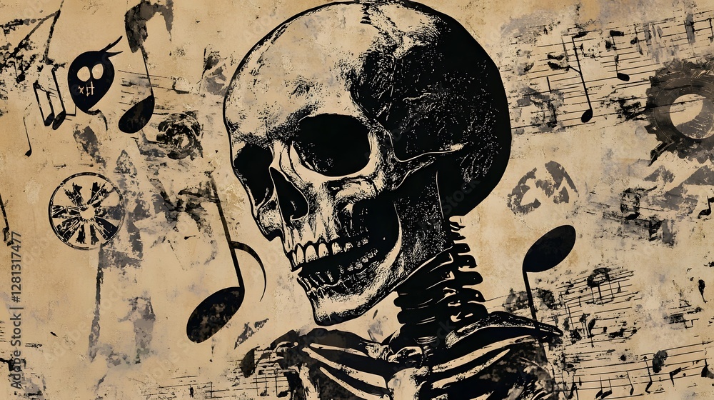 Poster Haunting Gothic Skull Skeleton with Musical Notes in Grungy Dark Moody Background