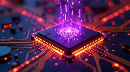 Obraz premium Futuristic Microchip Closeup with Glowing Circuit Lines and Digital Effects – High-Tech Technology Concept