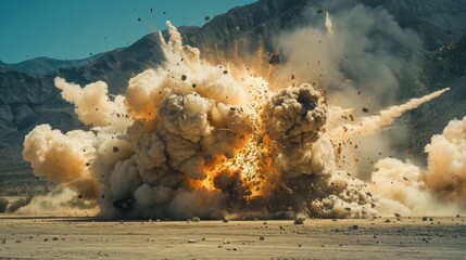 A powerful explosion sends debris and dust high into the air, creating a dramatic cloud against the backdrop of mountainous terrain under a clear blue sky.