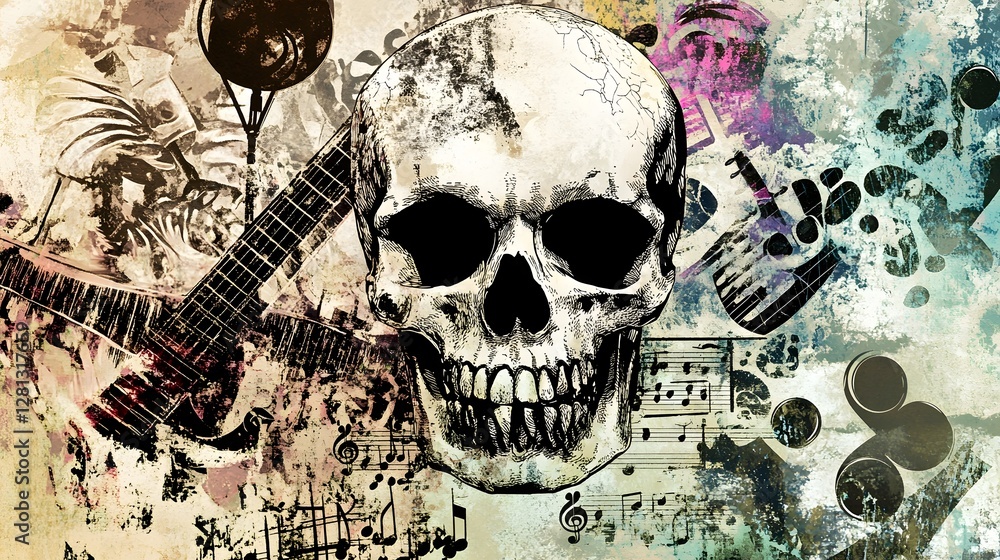 Poster Haunting Gothic Skull with Musical Instruments and Dark Abstract Elements