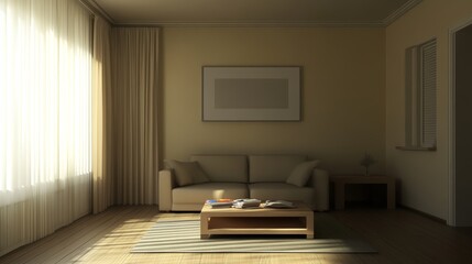 Soft Sunlight Illuminates a Cozy Living Room With Neutral Tones and Minimalist Decor During the Afternoon Hours