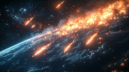 Fototapeta premium Fiery meteor shower impacting Earth's atmosphere, causing widespread fire and destruction.