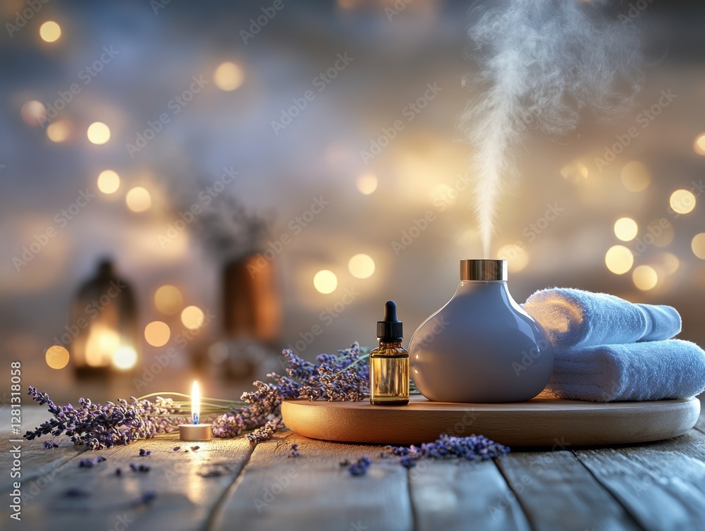 Poster serene aromatherapy scene with lavender essential oil diffuser and soft towels on wooden surface in 