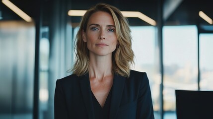 Confident blonde businesswoman in a modern office, embodying leadership and professionalism. Ideal for corporate, HR, and executive branding projects.