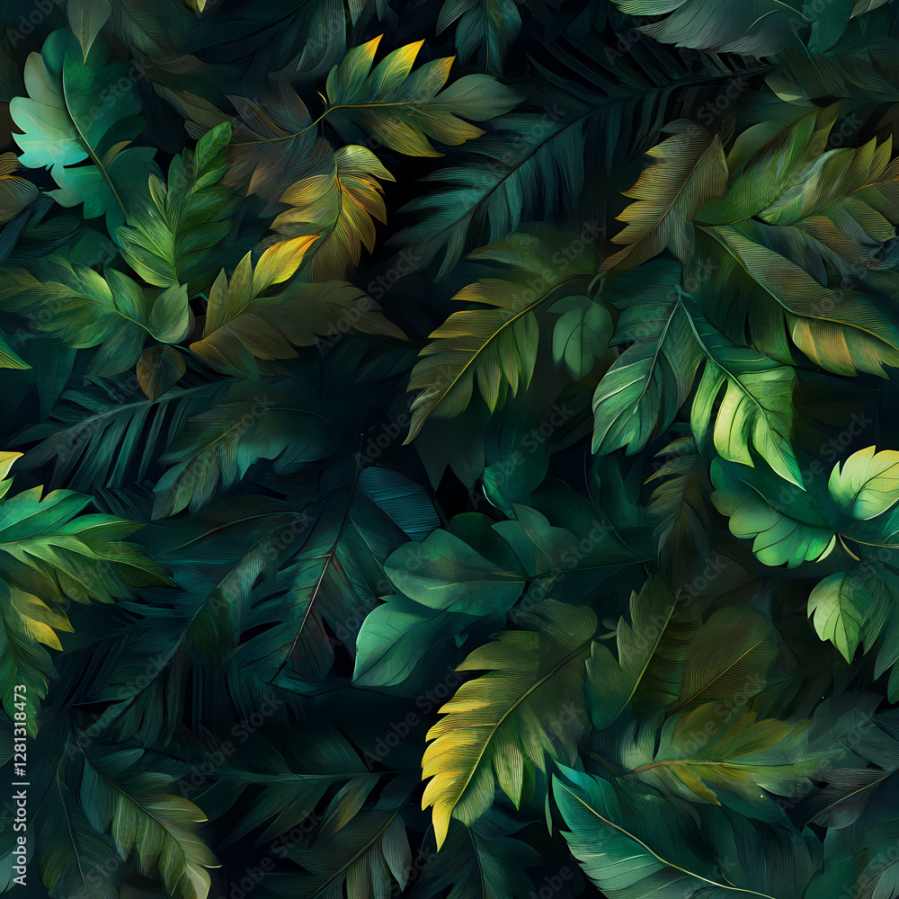 Poster various green leaves pattern created in a lush forest environment. generative ai