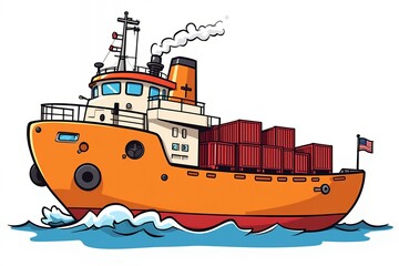 Orange Cargo Ship with Containers Sailing on Ocean Waters American Flag