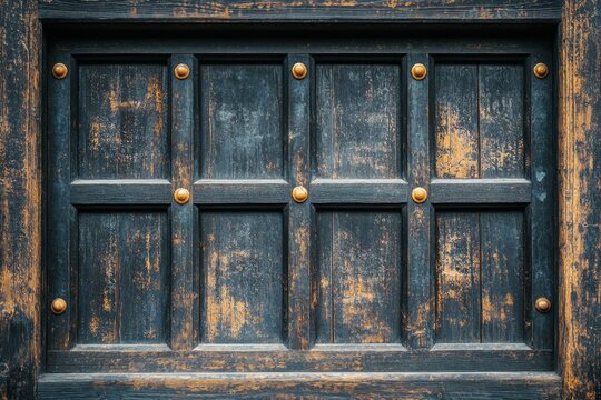 Detailed view of a rustic wooden door with a weathered texture and decorative brass rivets showcasing architectural detail and aged charm