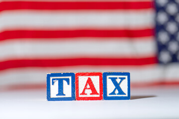 It's tax time. TAX written in wooden letters on the background of the American flag.