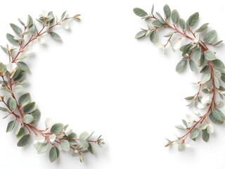 A clean and modern botanical background featuring soft eucalyptus branches arranged around the edges, with a minimal white center left empty for text placement. Gentle shadows add depth.