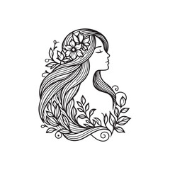 Natural beauty woman long hair vintage logo for salon or cosmetic product with line art style. Line art floral women logo design. creative vintage editable vector illustration.	 beautiful girl icon