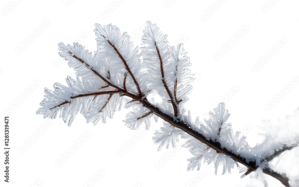 Poster A single frost-covered branch with ice crystals, isolated on a empty plain background