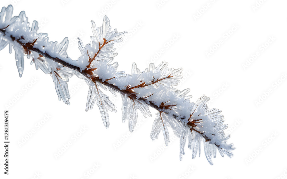 Poster A single frost-covered branch with ice crystals, isolated on a empty plain background