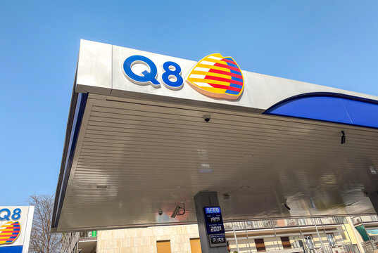 Varese, Lombardy, Italy - February 20, 2025: Q8 Kuwait Petroleum International petrol stations with fuel prices in Varese city.