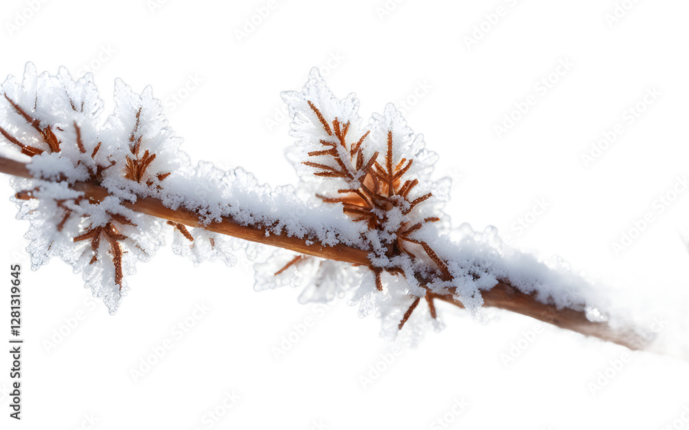 Poster A single frost-covered branch with ice crystals, isolated on a empty plain background