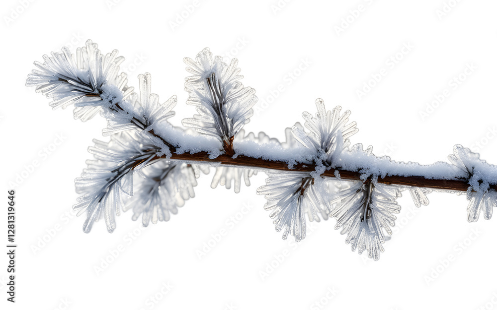 Poster A single frost-covered branch with ice crystals, isolated on a empty plain background