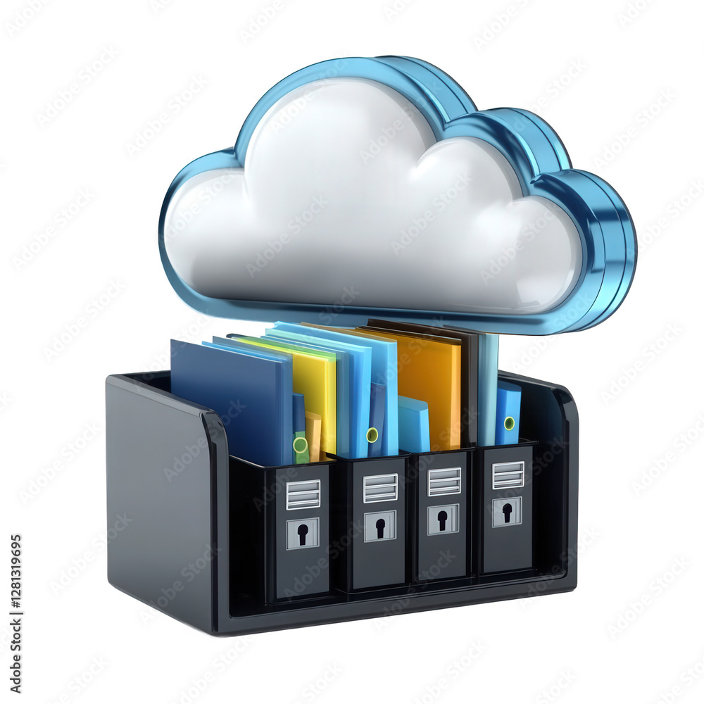 Poster files stored in folders, concept of cloud data storage