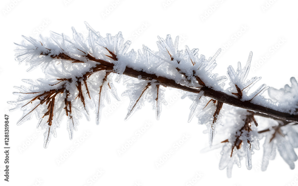 Aufkleber A single frost-covered branch with ice crystals, isolated on a empty plain background