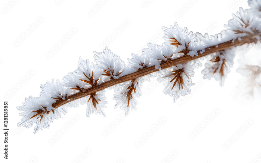 Poster A single frost-covered branch with ice crystals, isolated on a empty plain background