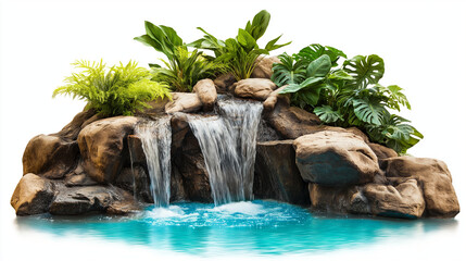 Tropical waterfall cascading into turquoise pool isolated on white background