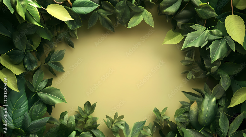 Poster lush green leaves create a natural frame with a soft background. generative ai