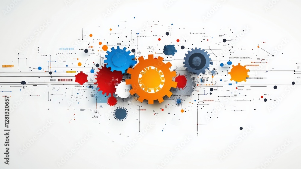Poster abstract illustration of colorful gears and digital elements representing technology and innovation