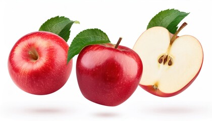 Fresh Red Apple with Half Cut and Leaves Levitate Isolated on White Background