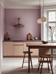 A modern kitchen with a purple color scheme and wooden furniture