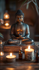 Fototapeta premium A bronze Buddha statue sits on an old wooden table, surrounded by two burning candles 