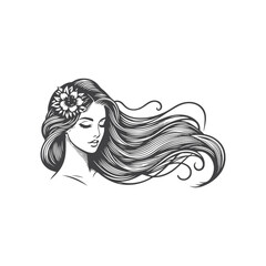 Natural beauty woman long hair vintage logo for salon or cosmetic product with line art style. Line art floral women logo design. creative vintage editable vector illustration.	 beautiful girl icon