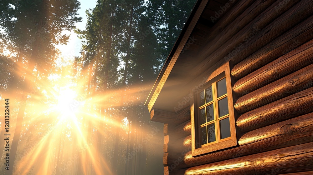 Poster a cozy log cabin is illuminated by golden sunlight piercing through tall trees, creating a serene an