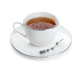 Aromatic lavender tea in cup and dry flowers isolated on white