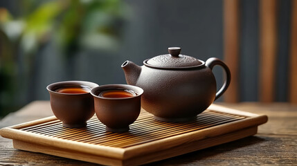 Fototapeta premium Chinese purple clay teapot on wooden tray, tea culture theme background