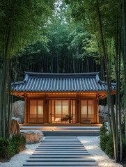 Naklejka premium A Traditional Japanese Tea House Enveloped in Bamboo Forest