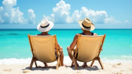 Two people in hats are relaxing in beach chairs, facing the turquoise ocean and sky. Concept of: Shared serenity.