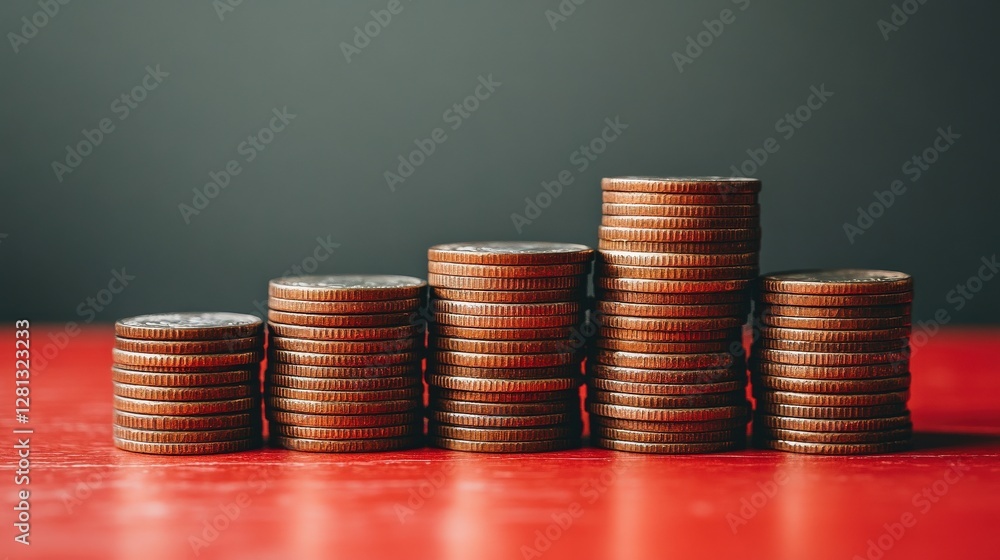 Poster stacked coins arranged in ascending order on a vibrant red surface with a dark background