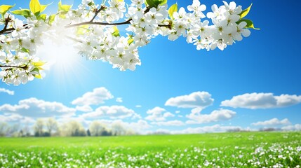 White Cherry Blossoms and Sunny Spring Landscape