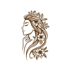 Natural beauty woman long hair vintage logo for salon or cosmetic product with line art style. Line art floral women logo design. creative vintage editable vector illustration.	 beautiful girl icon