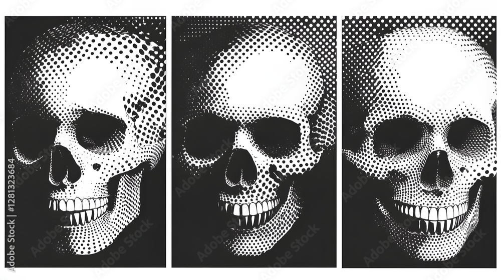 Poster haunting monochrome of stylized skull graphic with enigmatic patterns