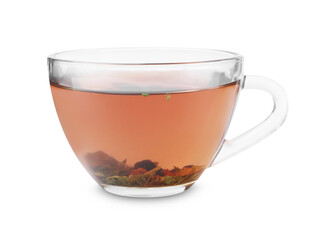 Delicious herbal tea in cup isolated on white